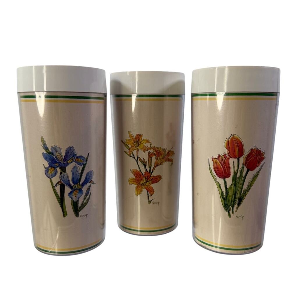 Vintage Thermo-Serv Set of 3 Insulated Plastic Double Walled Floral Tumblers